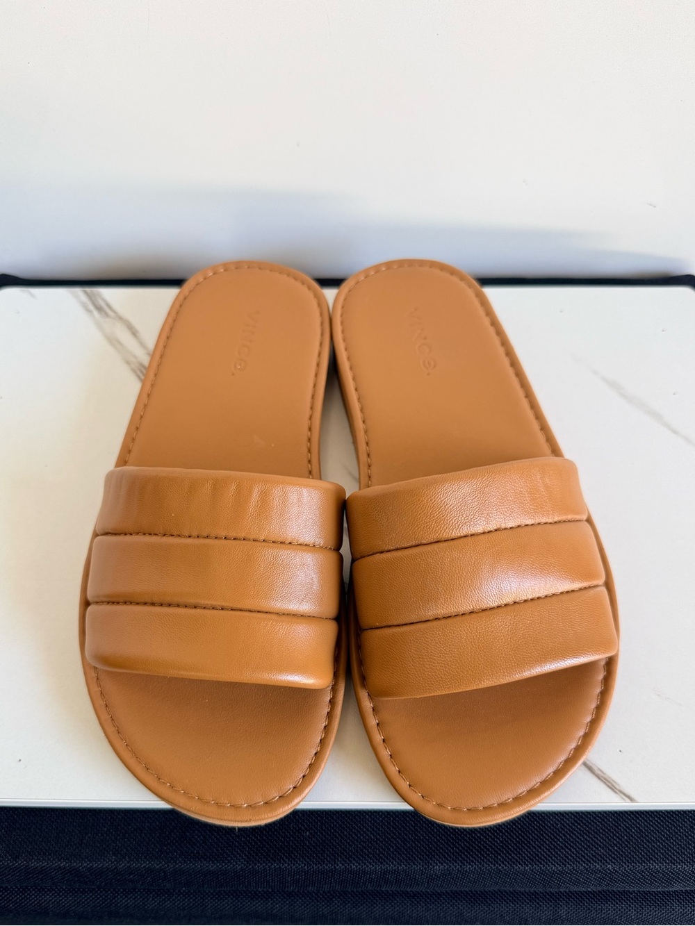Vince Women Tan Soft Leather Slide Sandals - Picture 2 of 5